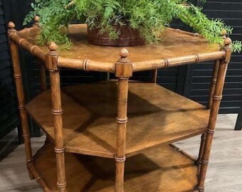 Vintage Baker Attr Faux Bamboo Octagon Walnut 3 Tier Side Table Chippendale