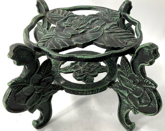 Cast Iron Floral Plant Stand Verdigris Finish Garden Pedestal Display Riser 10”