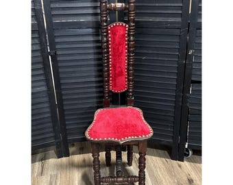 Antique Gothic Old Spanish Devotional Medieval Prayer Chair With Red Cushion