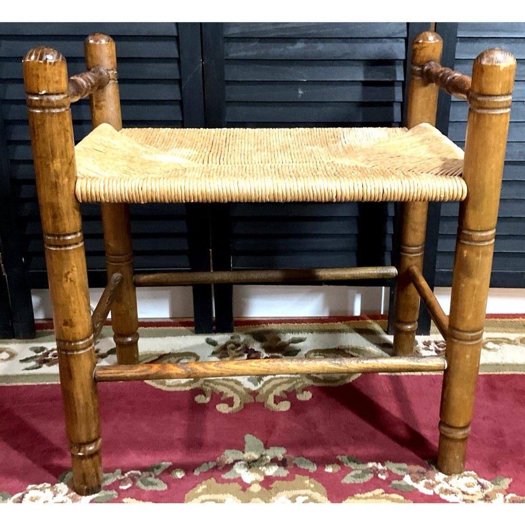 Rustic Farmhouse Bench Woven Rush Seat Vintage Wooden Stool, Entryway ...