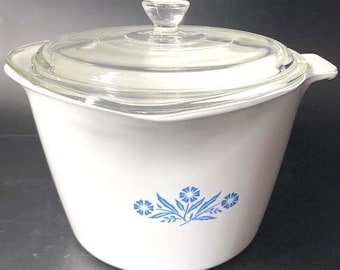 Corning Ware Blue Cornflower 2 Qt Sausmaker P-89-B met Pyrex glazen deksel