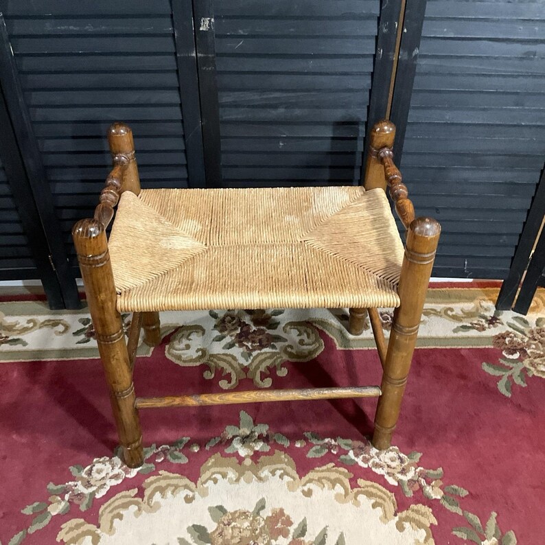 Rustic Farmhouse Bench Woven Rush Seat Vintage Wooden Stool, Entryway ...