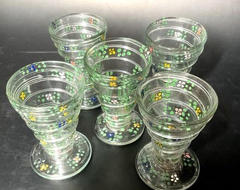 Vintage Gordiola Mallorca set van 5 gesigneerde, handbeschilderde likeurglazen met bloemenmotief, Spanje