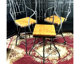 Rustic Twig Bar Stools Set of 3, Lodge Cabin Bar Chairs with Wood Seats, Adirondack Style Metal Branch Stools