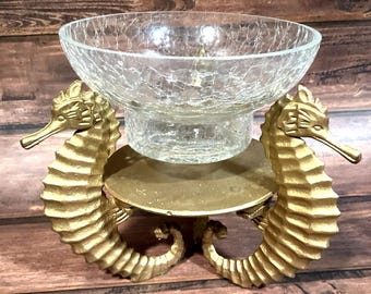Vintage Rubicon gouden zeepaardje met craquelé glazen kom – kustdecor