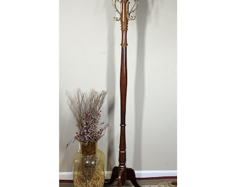Vintage Coat Hat Hall Tree Rack Stand Hardwood Brass Pineapple Finial 64" Tall