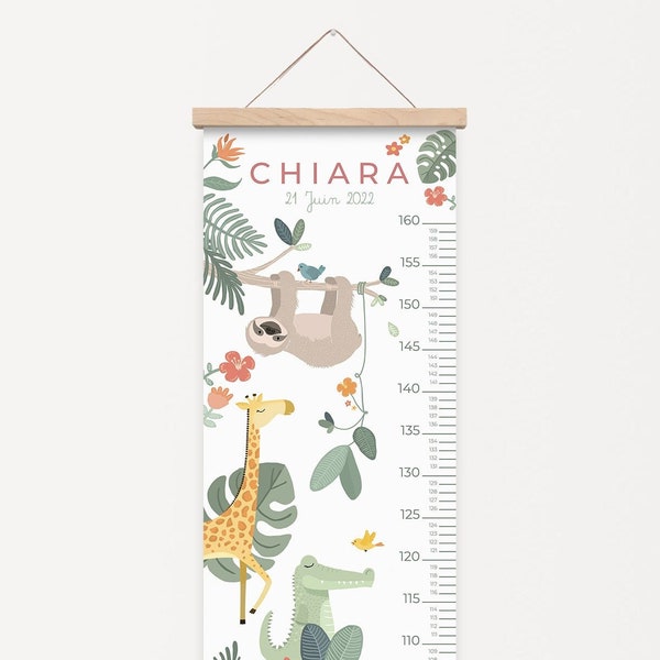 Toise illustrée "Hello Jungle", 130x30cm déco chambre enfant, cadeau naissance personnalisé (ATTENTION baguettes bois non fournies)