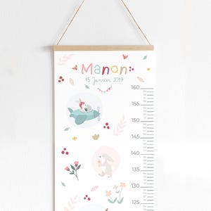 Toise illustrée "Mon lapin", 130x30cm déco chambre enfant, cadeau naissance personnalisé (ATTENTION baguettes bois non fournies)