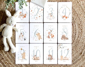 Cartes étapes illustrées "Thème Forêt", pour les premiers mois de grossesse ou pour bébé de 1 à 12 mois. A remplir de souvenirs. 12x18cm.