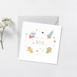 Faire-parts de naissance Illustré "Dans l'espace" - 14x14cm plié (14x28cm ouvert), avec enveloppes blanches