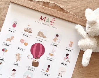 Könnte beinhalten: Ein weißer Poster mit einem rosafarbenen Heißluftballon und Illustrationen der ersten Meilensteine eines Babys. Der Poster trägt den Titel "Maé Mes Premières Fois" und enthält Daten für jeden Meilenstein.