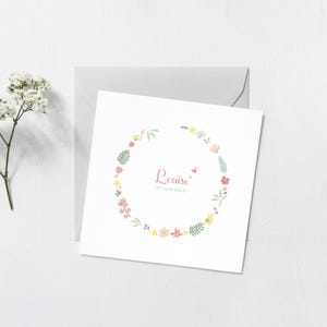 Faire-parts de naissance Illustré "Fleuri" - 14x14cm plié (14x28cm ouvert), avec enveloppes blanches