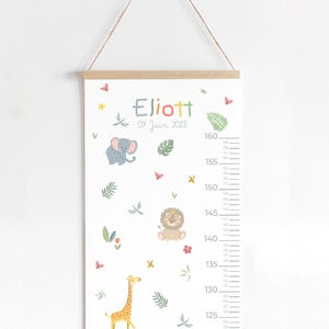 Toise illustrée "Mini Jungle", 130x30cm déco chambre enfant, cadeau naissance personnalisé (ATTENTION baguettes bois non fournies)