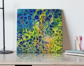 Original, acrylic pour painting, colorful fluid art, abstract wall art on 12 x 12 canvas, blue and green