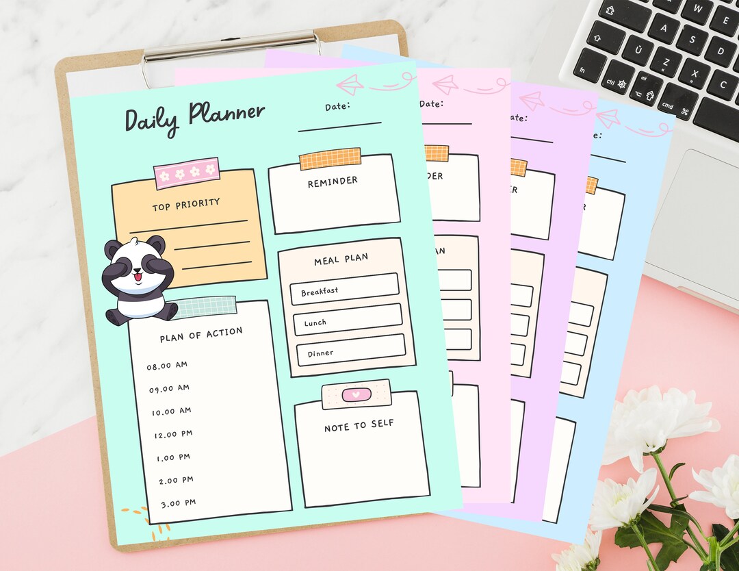 Cute Daily Planner Printable, Panda Theme Printable Planner, 4 Colors
