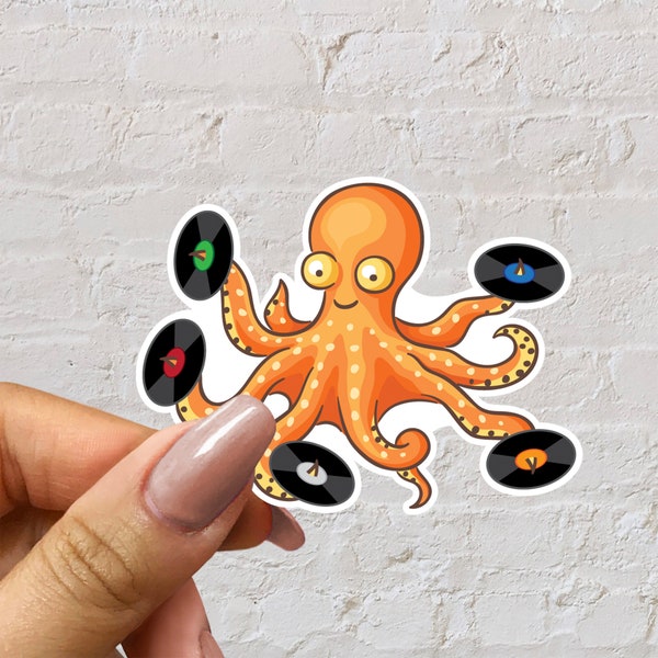 Vinyl-loving Octopus Sticker, Vinyl Record Sticker, Weather Proof Sticker, Stickers for Hydroflask, Stickers Laptop, 3 x 2.3 inches