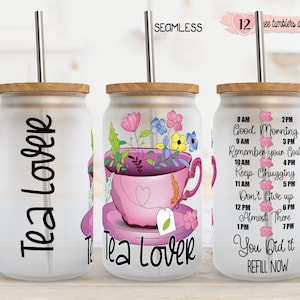 Envoltura para amantes del té de 16 oz, envoltura para lata de vidrio de 16 oz, diseño de sublimación, diseño digital de taza floral, diseño digital, diseño de rastreador de agua, diseño floral de té