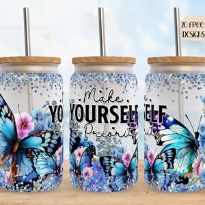 Positives 16 Unzen Wrap Design, 16 Unzen Glasdosenverpackung, Sublimationsdesign, inspirierendes digitales Design, Schmetterling Glitzern Design, Floral 16 Unzen Verpackung