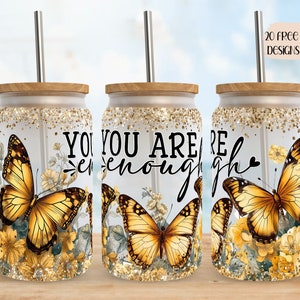 Positives 16 Unzen Wrap Design, 16 Unzen Glasdosenverpackung, Sublimationsdesign, inspirierendes digitales Design, Schmetterling Glitzern Design, Floral 16 Unzen Verpackung