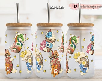 May include: Three clear glass tumblers with a white background and a variety of Care Bear designs. The tumblers have a wooden lid and a metal straw. The text "SEAMLESS" is visible in the top left corner of the image. The text "12" is visible in the top right corner of the image. The text "free tumblers designs included" is visible in the top right corner of the image.