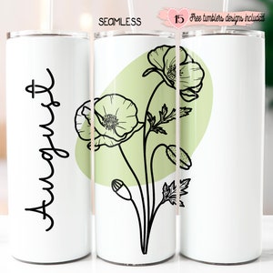 Papier d'emballage floral pour le mois de naissance, design 20 oz, papier d'emballage d'août 20 oz, design par sublimation numérique, design floral de gobelet 20 oz, téléchargement immédiat