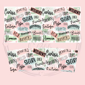 May include: A pink and green background with a repeating pattern of words in Spanish. The words are in a variety of colors and fonts, and they describe positive qualities, such as "curious", "powerful", "intelligent", "honest", "strong", "capable", "beautiful", "real", "winner", "warrior", "incomparable", "independent", "unique", "fabulous", "secure", and "successful".