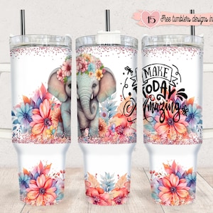 Envoltório de copo de 40 onças para sublimação, copo de elefante floral de 40 onças, design digital de 40 onças, envoltório de design de elefante de 40 onças, design de elefante com glitter de 40 onças