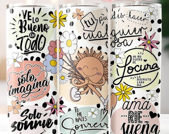 Envoltorio para vaso de 20 oz con frases motivacionales en español (diseño digital)