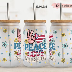 Independence Day 16 oz wrap ontwerp, 16 oz glas kan wrap, vrede, liefde, vrijheid ontwerp, 4 juli, patriottisch ontwerp, patriottisch bloemdessin