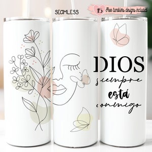 Könnte beinhalten: Drei weiße Becher mit unterschiedlichen Designs. Der erste Becher zeigt eine Linienzeichnung eines Gesichts mit einem Schmetterling und floralen Elementen. Der zweite Becher zeigt eine Linienzeichnung eines Gesichts mit einem Schmetterling. Der dritte Becher zeigt den Text "DIOS siempre está conmigo" mit einem Schmetterling.