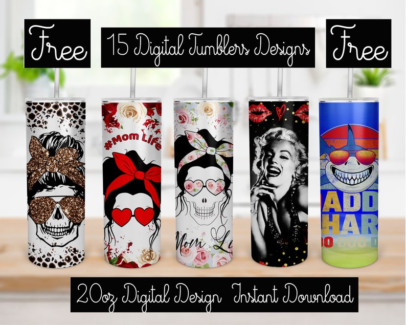 May include: Set of 15 digital designs for 20 ounce tumblers. The designs feature various themes, including skulls, flowers, and a shark. The text "#Mom Life" and "Add Hard" are also included in the designs.