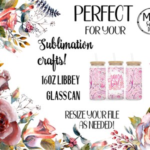 May include: Three glass tumblers with bamboo lids and straws, featuring a pink and white design with the words "Beach Girl." The image includes text that says "Perfect for your sublimation crafts!" and "Resize your file as needed!"