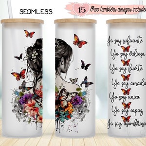 Spaanse motiverende 25oz beker wrap, positief vlinderontwerp, naadloos sublimatieontwerp, instant download, Spaanse positieve citaten