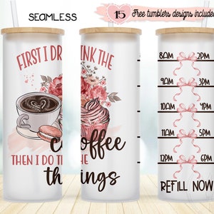 Vaso Libbey de vidrio esmerilado de 25 oz, diseño de envoltura de café, diseño sin costuras por sublimación, diseño de 25 oz de descarga instantánea, diseño de First Coffee