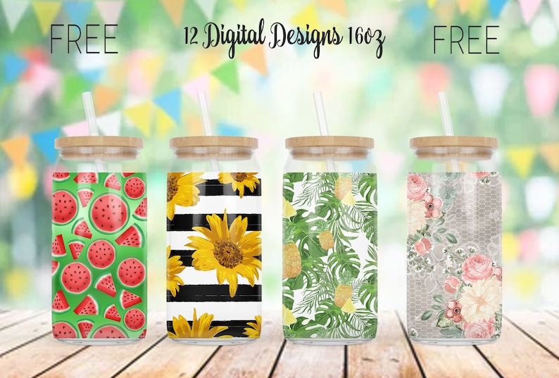 May include: Four glass tumblers with bamboo lids and straws, each featuring a unique design. Designs include watermelon slices, sunflowers on black and white stripes, tropical leaves, and floral patterns. The text "FREE 12 Digital Designs 16oz FREE" is at the top.