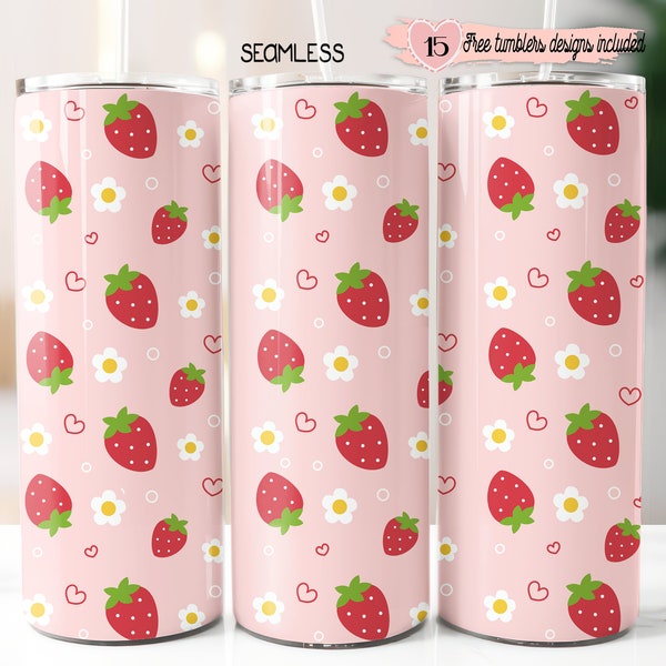 Conception d'emballage fraise 20 oz, conception numérique fraise, sublimation 20 oz, emballage gobelet maigre, conception mignonne de fraise