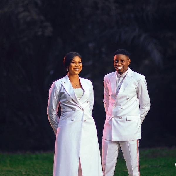 Couple Ceremonial white Suit, African men/Women Clothing/2 piece dress/Groom/Bride suit attire/Bride wear/Groom latest suit/Senatorhttps:/