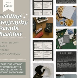 May include: A checklist for wedding photographers with the title "Wedding Photography Details Checklist". The checklist includes items such as pre-written copy, editable, printable, and instant download. The checklist also includes a section titled "Wedding Day Details" and "Bag of Tricks".