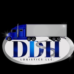 May include: A blue semi-truck with a white trailer drives on a winding road that forms the letters DDH. The text "LOGISTICS LLC." is below the road.