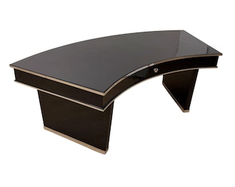 Art Deco Desk, Black Lacquer, Walnut, Metal, France circa 1950