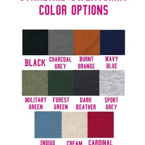 K&ouml;nnte beinhalten: Eine Farbkarte, die die verschiedenen Farboptionen f&uuml;r ein Standard-Sweatshirt zeigt. Die Farben umfassen Schwarz, Anthrazitgrau, gebranntes Orange, Marineblau, Milit&auml;rgr&uuml;n, Waldgr&uuml;n, Dunkelgrau meliert, Sportgrau, Indigoblau, Creme und Kardinalrot.
