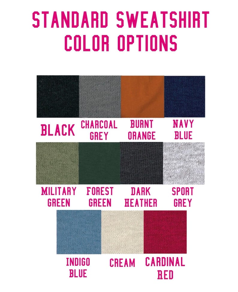 K&ouml;nnte beinhalten: Eine Farbkarte, die die verschiedenen Farboptionen f&uuml;r ein Standard-Sweatshirt zeigt. Die Farben umfassen Schwarz, Anthrazitgrau, gebranntes Orange, Marineblau, Milit&auml;rgr&uuml;n, Waldgr&uuml;n, Dunkelgrau meliert, Sportgrau, Indigoblau, Creme und Kardinalrot.