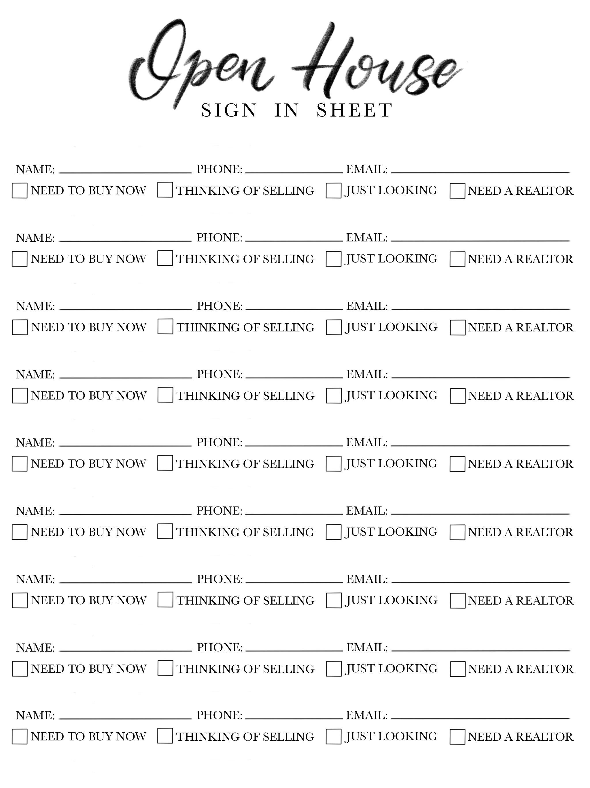 Real Estate Open House Sign in Sheet Printable Etsy