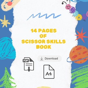 Puede incluir: Una descarga digital colorida titulada "14 Pages of Scissor Skills Book". La imagen presenta una forma de papel blanca con el título en amarillo y naranja. El fondo es azul con garabatos e ilustraciones coloridas.