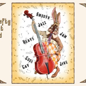 Vintage Rabbit grający na wiolonczeli z muzyką jazzową, kolaż Ephemera Dekupaż cyfrowy drukowany transfer graficzny Scrapbook, DIY