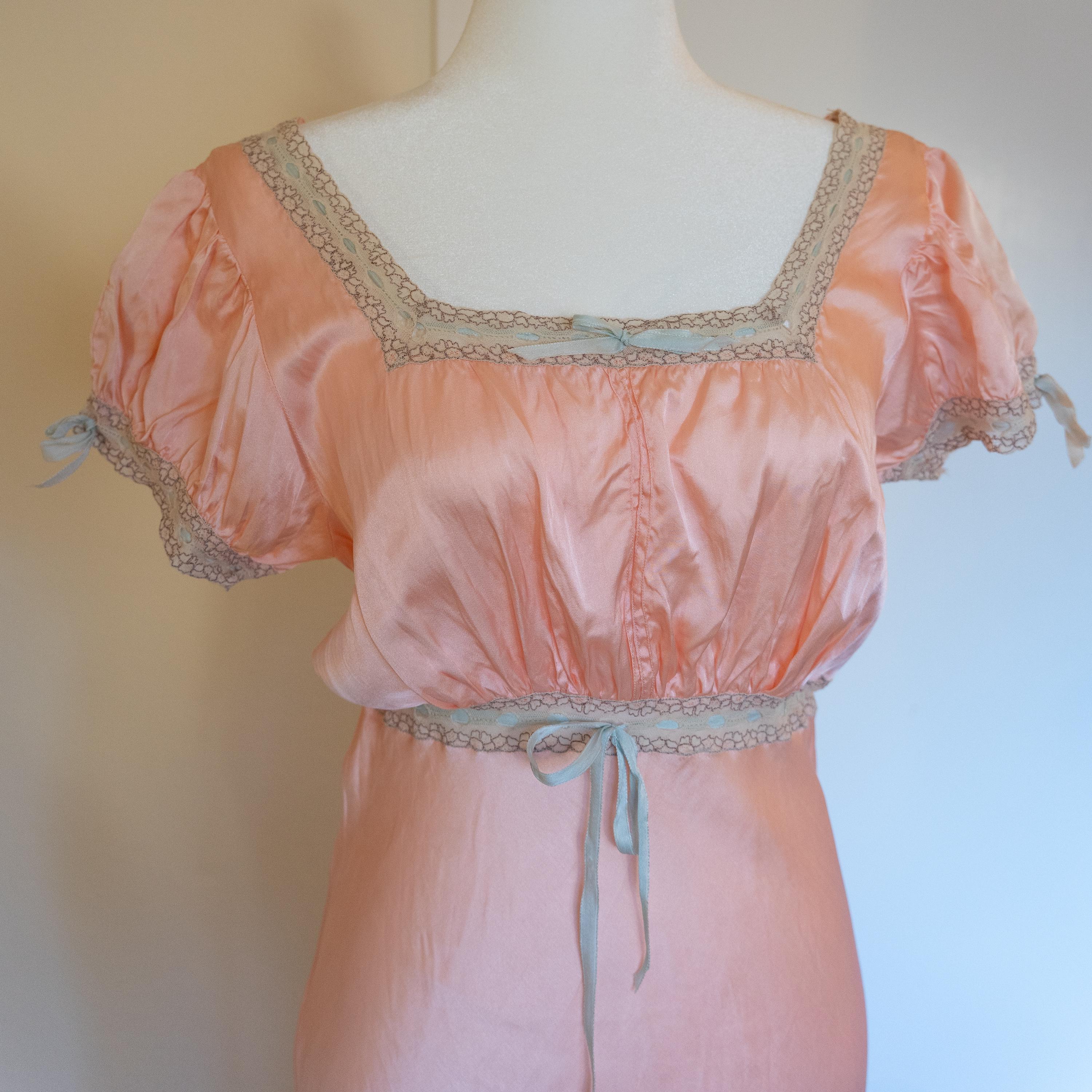 Antique 1930s Peachy Pink Liquid Satin Cap Sleeve Bias Cut Nightgown