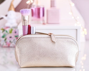 Bolsa de maquillaje de cuero genuino personalizada para mujeres, regalo de cumpleaños perfecto para ella, elegante idea de regalo del Día de la Madre, elegante bolsa cosmética