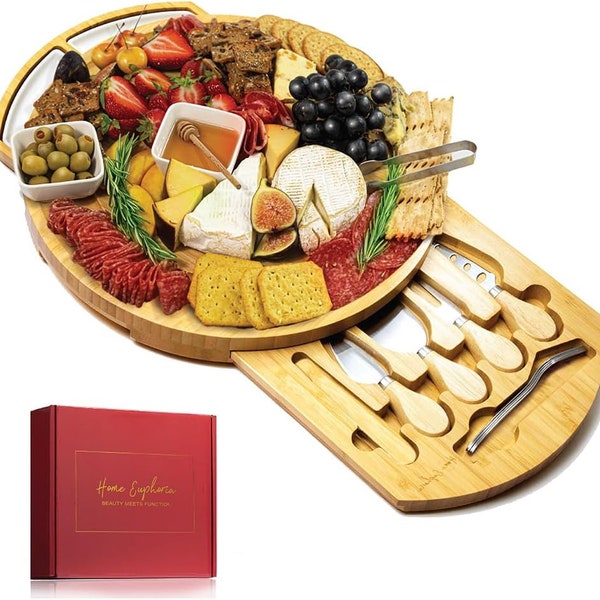 Round Cheese and Charcuterie Board Set - 13" Round Cheese Board and Knife Set, Round Charcuterie Board, Wood Charcuterie Board Round