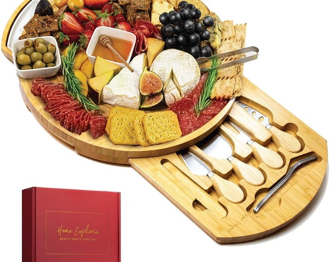 Round Cheese and Charcuterie Board Set - 13" Round Cheese Board and Knife Set, Round Charcuterie Board, Wood Charcuterie Board Round