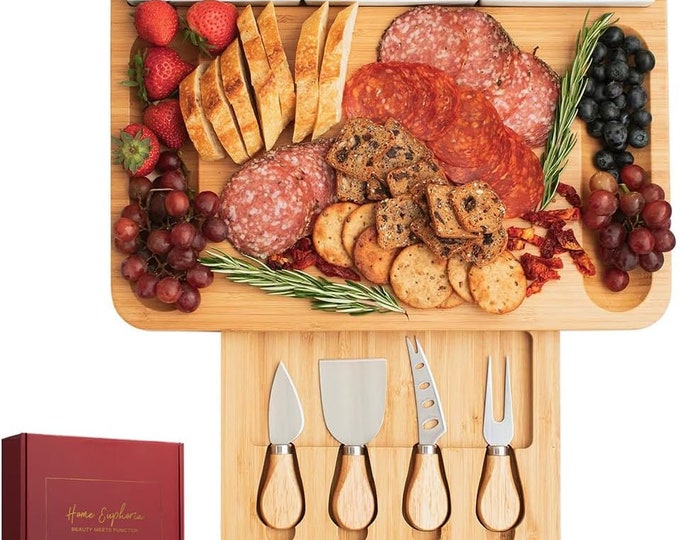 Charcuterie Board Set, Bamboo Cheese Board and Knife Set, Large Charcuterie Boards, Cheese Tray, Wedding & Housewarming Gift